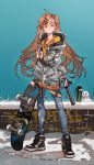  1girl alternate_costume artist_request brown_eyes brown_hair denim english_text flashbang girls_frontline gun h&amp;k_ump jeans long_hair name_tag pants scar scar_across_eye shoes skateboard sneakers snow snowman solo submachine_gun suppressor torn_clothes torn_pants twintails ump9_(girls_frontline) weapon 