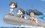  3girls bangs black_hair blue_eyes blue_hair blue_sky blue_swimsuit breasts brown_eyes cleavage clothes_removed commentary_request dated diving_mask diving_mask_on_head gradient_sky green_eyes hair_ornament hairclip hamu_koutarou highres isuzu_(kantai_collection) kantai_collection kuroshio_(kantai_collection) large_breasts long_hair maru-yu_(kantai_collection) multiple_girls nude parted_bangs school_swimsuit short_hair sky swimsuit tan tanline torpedo twintails wardrobe_malfunction water white_school_swimsuit white_swimsuit 