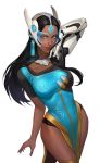  1girl asymmetrical_clothes black_hair breasts brown_eyes dark_skin headgear highres jinwu_(artist) long_hair medium_breasts overwatch pelvic_curtain prosthesis prosthetic_arm symmetra_(overwatch) tagme thighhighs visor wide_hips 