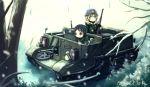  2girls absurdres armored_vehicle black_eyes black_hair blonde_hair blue_eyes chito_(shoujo_shuumatsu_ryokou) driving fuura ground_vehicle gun helmet highres hood hood_down machine_gun military military_uniform multiple_girls shoujo_shuumatsu_ryokou stahlhelm tree_branch twintails type_38_rifle uniform universal_carrier weapon yuuri_(shoujo_shuumatsu_ryokou) 