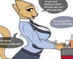  2019 5:4 anthro bethesda_softworks beverage big_breasts blush bottomwear breasts clothed clothing cup english_text eyebrows eyelashes felid female flight_attendant fur holding_object huge_breasts josun juice_(disambiguation) katia_managan khajiit mammal open_mouth prequel shirt simple_background skirt smile solo speech_bubble standing text the_elder_scrolls topwear uniform video_games webcomic yellow_fur 