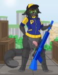  anthro balls bottomless clothed clothing eyewear felid feline flaccid glasses gun hat headgear headwear helsy hi_res humanoid_penis male mammal open_mouth penis ranged_weapon rifle smile sniper_rifle solo standing weapon 