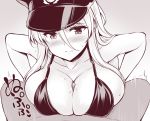  1girl azur_lane bangs bare_shoulders bismarck_(azur_lane) blush breast_squeeze breasts cleavage closed_mouth collarbone gradient gradient_background greyscale hair_between_eyes hat large_breasts long_hair looking_at_viewer military_hat monochrome paizuri peaked_cap penis solo_focus uni8 