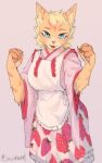  2019 4_fingers anthro apron blonde_hair blue_eyes breasts clothed clothing domestic_cat felid feline felis female fingers fur hair hi_res japanese_clothing kemono kimono looking_at_viewer mammal medium_breasts open_mouth orange_fur pawpads pink_background simple_background sincrescent smile solo 