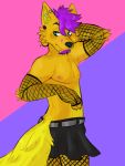  2019 anthro bottomwear bubblegumboi canid canine canis clothed clothing digital_media_(artwork) dingo fishnet fox fur hair hi_res hybrid looking_back male mammal naughty_face nipples partially_clothed short_hair skirt solo standing toony varu yellow_fur 