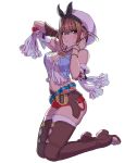  atelier_(series) atelier_ryza bare_shoulders belt blue_belt boots breasts brown_belt brown_gloves camisole gloves hair_ornament hairclip highres jewelry kneeling large_breasts leather_belt long_hair necklace red_shorts reisalin_stout round-bottom_flask short_shorts shorts star star_necklace thigh_boots thighhighs thighs toeless_boots white_headwear yamashita_shun&#039;ya 