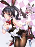  2girls :d :o agatsuma_kaede alice_gear_aegis animal_ears bangs bare_shoulders black_bow black_hair blunt_bangs bow bowtie breasts brown_legwear bunny_ears bunny_tail bunnysuit checkered checkered_background chibi cleavage commentary_request covered_navel cowboy_shot doyouwantto eyebrows_visible_through_hair fake_animal_ears fake_tail grey_eyes hair_between_eyes hand_on_own_chest hirasaka_yotsuyu leaning_forward long_hair looking_at_viewer medium_breasts multiple_girls open_mouth outstretched_arms pantyhose pink_background pink_eyes pink_hair ponytail red_bow red_neckwear shiny shiny_clothes shiny_hair shiny_skin sidelocks signature sleeveless smile standing sword tail thighband_pantyhose weapon white_background wrist_cuffs 