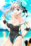  1girl akahito aqua_eyes bangs black_swimsuit blue_eyes blue_sky blue_swimsuit blurry blurry_background breasts bun_cover cleavage collarbone commentary_request competition_swimsuit covered_navel cowboy_shot day eyebrows_visible_through_hair fate/grand_order fate_(series) grey_hair groin hair_between_eyes hair_bun hair_ornament highleg highleg_swimsuit highres large_breasts looking_at_viewer miyamoto_musashi_(fate/grand_order) ocean one-piece_swimsuit outdoors pulled_by_self side_bun side_ponytail sky solo standing swimsuit swimsuit_pull teeth 