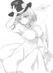  1girl braid breasts charlotte_corday_(fate/grand_order) dress fate/grand_order fate_(series) flower hat hat_flower holding holding_knife juliet_sleeves knife large_breasts long_dress long_sleeves monochrome onsoku_maru puffy_sleeves sketch 