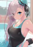  1girl asymmetrical_hair bangs bare_shoulders black_swimsuit blue_eyes blush breasts bun_cover closed_mouth collarbone fate_(series) hair_bun jonsun large_breasts long_hair looking_at_viewer miyamoto_musashi_(fate/grand_order) one-piece_swimsuit pink_hair smile solo swept_bangs swimsuit wet wristband 