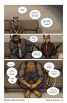  2018 bovid bovine canid canine cattle clothed clothing comic dialogue facial_hair felid fox hi_res hoodie horn kimmykun mammal pantherine purple_eyes sofa tiger topwear 