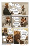  ! 2018 angry bovid canid canine caprine clothed clothing comic crossed_arms dialogue facial_hair fox green_eyes hi_res horn kimmykun mammal necktie orange_eyes scarf suit 