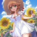  1girl :3 :d ahoge alternate_costume blue_sky braid breasts brown_hair cleavage commentary criss-cross_halter dress fingernails flower green_eyes halterneck hat hat_ribbon highres holding_hose hose looking_at_viewer mareep15 nijisanji open_mouth outdoors red_ribbon ribbon sky smile solo straw_hat sundress sunflower tail twin_braids virtual_youtuber warabeda_meijii water white_dress 