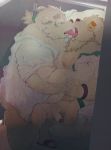  2019 anthro balls bathroom blush bodily_fluids butt canid canine canis clothing cu_sith_(tas) domestic_dog dumdum duo eyes_closed eyewear glasses hi_res humanoid_hands humanoid_penis leib_(tas) male male/male mammal overweight overweight_male penis polar_bear shirt sweat tokyo_afterschool_summoners tongue tongue_out topwear ursid ursine video_games 