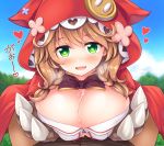  1boy 1girl blurry blurry_background blush braid breasts brown_hair buttons cleavage cloak commentary cum cum_on_body cum_on_breasts cum_on_upper_body flower green_eyes heart hetero hood hooded_cloak large_breasts looking_at_viewer medium_hair nijisanji open_mouth paizuri ribbon solo_focus uni8 virtual_youtuber warabeda_meijii wolf_paws 