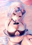  1girl azur_lane bangs bare_shoulders beach beach_umbrella bikini black_bikini breasts brown_eyes bubble_tea bubble_tea_challenge cleavage cleavage_cutout commentary cup disposable_cup drinking_straw drinking_straw_in_mouth evening eyebrows_visible_through_hair eyewear_on_head hair_between_eyes halter_top halterneck head_tilt heart heart-shaped_eyewear highres large_breasts looking_at_viewer midriff ocean outdoors sand short_hair sidelocks sirius_(azur_lane) sirius_(midsummer_seirios)_(azur_lane) sitting solo sunglasses sunlight swimsuit umbrella wariza water white_hair yamika_(azuma119) 