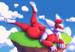  2019 aerola anthro big_butt breasts butt cloud female grass hair hi_res kawfee latias legendary_pok&eacute;mon looking_at_viewer lying nintendo nipples nude pok&eacute;mon pok&eacute;mon_(species) red_hair sky skyela_(drakeraynier) thick_thighs tongue tongue_out video_games yellow_eyes 