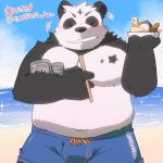  2019 anthro beach belly black_fur blush bottomwear clothing eyes_closed fur giant_panda green_bell humanoid_hands inakamichi japanese_text male mammal moobs navel overweight overweight_male seaside shorts solo text ursid water white_fur 