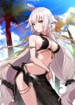  1girl ahoge armlet bangs bare_shoulders bikini black_bikini black_sarong black_scrunchie blue_sky blush bracelet braid breasts choker cleavage cloud contrapposto day eyebrows_visible_through_hair fate/grand_order fate_(series) groin hair_between_eyes hair_ornament hair_scrunchie highres jeanne_d&#039;arc_(alter)_(fate) jeanne_d&#039;arc_(alter_swimsuit_berserker) jeanne_d&#039;arc_(fate)_(all) jewelry large_breasts long_hair looking_at_viewer low-tied_long_hair multi-tied_hair multiple_braids navel necklace o-ring o-ring_bikini outdoors palm_tree parted_lips sarong scrunchie sky solo stomach swimsuit tree v-shaped_eyebrows very_long_hair white_hair yellow_eyes yuu_(higashi_no_penguin) 