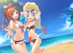  2girls :d ;d a.i._channel absurdres adapted_costume animal aqua_eyes armpits arms_up bangle bare_arms bare_legs bare_shoulders barefoot beach bikini bikini_skirt bird black_bikini blue_eyes blue_hawaii blue_sky bracelet breasts brown_hair cleavage cloud cocktail_glass commentary_request cup d-pad d-pad_hair_ornament day drinking_glass drinking_straw dutch_angle eyewear_on_head flower food front-tie_bikini front-tie_top fruit hair_flower hair_ornament hairband hairclip halter_top halterneck heart heart-shaped_eyewear hibiscus highres holding holding_cup horizon huge_filesize inflatable_toy jewelry kaguya_luna kitazume_kumie kizuna_ai large_breasts leg_up lens_flare light_rays long_hair looking_at_viewer medium_breasts midriff multicolored_hair multiple_girls nail_polish navel necklace ocean one_eye_closed open_mouth outdoors outstretched_arm palm_leaf pineapple pineapple_slice pink_flower red_flower red_nails sailor_collar sand side-tie_bikini sidelocks silver_hair sky smile standing stomach strap_gap streaked_hair sunbeam sunglasses sunlight swimsuit tempura the_moon_studio thighs tropical_drink twintails v-shaped_eyebrows virtual_youtuber water white_bikini white_sailor_collar 