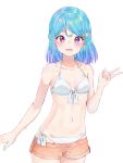  1girl :d aikatsu!_(series) aikatsu_friends! bangs bare_arms bare_shoulders bikini bikini_under_clothes blue_hair blush braid breasts brown_shorts collarbone cowboy_shot eyebrows_visible_through_hair front-tie_bikini front-tie_top gradient_hair hair_ornament hand_up k_mugura looking_at_viewer minato_mio multicolored_hair open_mouth purple_eyes purple_hair short_shorts shorts side-tie_bikini simple_background small_breasts smile solo star star_hair_ornament swimsuit white_background white_bikini 