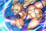  1girl ass blonde_hair blue_eyes blue_gloves bradamante_(fate/grand_order) braid breasts cleavage elbow_gloves fate/grand_order fate_(series) gloves huge_breasts long_hair melon22 open_mouth panties solo thick_thighs thighs thong twintails underwear white_panties 