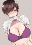  blush bra breasts brown_hair earrings english_commentary highres jewelry large_breasts lifted_by_self looking_at_viewer norman_maggot olive_laurentia original purple_background purple_bra red_eyes shirt_in_mouth shirt_lift short_hair simple_background underwear upper_body 