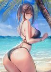  1girl amane_ruri ass bangs bare_shoulders beach bikini black_bikini black_hair blue_sky blush breasts brown_eyes closed_mouth cloud cowboy_shot day earrings from_side hands_up highres jewelry large_breasts long_hair looking_at_viewer looking_back ocean original palm_tree ponytail shiny shiny_skin ship sidelocks skindentation sky solo swimsuit thighs tree watercraft waves wet wristband 