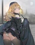  1girl alternate_costume animal_ears arknights ass bangs black_legwear blonde_hair breasts brick_wall cityscape commentary_request cowboy_shot dated day durin_(arknights) grey_sky hair_between_eyes hat highres jacket large_breasts lion_ears long_hair looking_at_viewer miniskirt panties skindentation skirt solo t_lege_d thighhighs underwear white_panties window yellow_eyes 