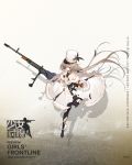  1girl ankle_boots bangs black_footwear black_legwear black_ribbon blush boots breasts bullet character_name cleavage closed_mouth collarbone damaged dress dropping expressionless eyebrows_visible_through_hair floating_hair full_body fur-trimmed_boots fur-trimmed_dress fur_collar fur_hat fur_trim girls_frontline gloves gun hair_ribbon hat hat_feather high_heel_boots high_heels highres holding holding_gun holding_weapon kord_(girls_frontline) kord_6p50 large_breasts leg_up logo long_hair long_sleeves looking_at_viewer low_ponytail machine_gun military military_uniform multiple_straps off-shoulder_dress off_shoulder official_art orange_gloves pantyhose pouch red_eyes ribbon running sidelocks solo torn_clothes underbust uniform very_long_hair watermark weapon white_dress 