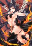  1girl animal_ears armpits ass barefoot bell bikini black_bikini black_gloves black_hair black_legwear breasts erune fire fox_ears fox_shadow_puppet fox_tail fur fur_trim gloves granblue_fantasy hair_ribbon highres long_hair medium_breasts midriff miwayama open_mouth red_background red_eyes ribbon sideboob simple_background soles solo swimsuit tail thighhighs yuel_(granblue_fantasy) 