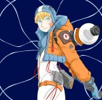  1girl absurdres apex_legends arms_behind_back blonde_hair blue_eyes coat electricity gloves highres indioweeaboo open_clothes open_coat scar symbol-shaped_pupils wattson_(apex_legends) 
