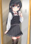  1girl asashio_(kantai_collection) belt black_hair black_legwear blue_eyes buttons cellphone collared_shirt cowboy_shot door dress eyebrows_visible_through_hair feet_out_of_frame flat_chest hair_between_eyes highres holding holding_cellphone holding_phone indoors kantai_collection long_hair long_sleeves mirror neck_ribbon phone pinafore_dress pleated_skirt red_neckwear red_ribbon remodel_(kantai_collection) ribbon rokosu_(isibasi403) school_uniform self_shot shirt skirt skirt_hold smartphone smile solo taking_picture thighhighs white_shirt 