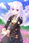  1girl :d epaulettes fire_emblem fire_emblem:_three_houses highres long_hair long_sleeves looking_at_viewer lysithea_von_cordelia nichika_(nitikapo) open_mouth purple_eyes smile solo uniform upper_body white_hair 