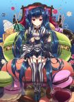  1girl arikawa_satoru black_headwear blue_hair bow commentary_request cup doughnut flower_knight_girl food full_body hair_bow hair_ornament hairclip hat holding holding_cup ice_cream long_hair looking_at_viewer macaron mary_janes mini_hat mini_top_hat purple_bow red_eyes shoes sitting smile solo striped striped_bow striped_legwear teacup thigh_strap thighhighs top_hat torikabuto_(flower_knight_girl) twintails vertical-striped_legwear vertical_stripes 