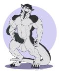  anthro balls big_balls bodily_fluids erection genital_fluids hi_res kenjin long_penis looking_at_viewer male muscular muscular_male open_mouth penis precum sergal solo standing tapering_penis tongue tongue_out 