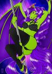  2019 5_fingers anthro breasts clothed clothing digital_media_(artwork) eyebrows eyelashes female fingers fur green_fur hair hi_res hooves hybrid membrane_(anatomy) membranous_wings purple_hair red_eyes solo tanutanuki wings 