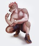  anthro clothed clothing crouching footwear fur hair harufeng hi_res male mammal muscular muscular_male mustela mustelid musteline nipples shoes simple_background solo topless white_background 
