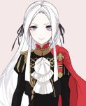  1girl blonde_hair cape closed_mouth edelgard_von_hresvelg epaulettes fire_emblem fire_emblem:_three_houses hair_ribbon highres long_hair mamegohan pink_background purple_eyes red_cape ribbon simple_background smile solo uniform upper_body 