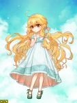  1girl ahoge arm_at_side blonde_hair blue_dress blue_sky blush cloud copyright_name dress full_body green_footwear hand_up long_hair meguekayako omc red_eyes sky solo standing very_long_hair 