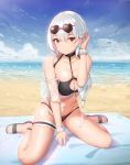  1girl absurdres azur_lane bangs bare_shoulders beach beach_mat bikini black_bikini black_choker black_footwear blue_sky blush breasts brown_eyes choker cleavage cloud collarbone day eyebrows_visible_through_hair eyewear_on_head hair_between_eyes hair_tucking heart heart-shaped_eyewear highres kneeling large_breasts looking_at_viewer navel o-ring o-ring_top ocean off_shoulder open_clothes open_toe_shoes outdoors sand sandals scrunchie short_hair sirius_(azur_lane) sirius_(midsummer_seirios)_(azur_lane) skindentation sky snow_(676528662) solo sunglasses swimsuit thigh_strap translucent white_hair white_scrunchie wrist_scrunchie 