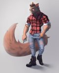  anthro bottomwear cigarette clothed clothing domestic_cat felid feline felis footwear harufeng hi_res jeans male mammal muscular muscular_male pants shoes simple_background solo standing 
