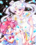  2girls :d back_bow bare_arms bishoujo_senshi_sailor_moon blue_eyes blue_sailor_collar blue_skirt bow brooch cape chibi_chibi choker circlet cowboy_shot double_bun drill_hair facial_mark forehead_mark gloves grey_eyes hair_ornament hairpin happy hoshikuzu_(milkyway792) jewelry long_hair magical_girl multiple_girls open_mouth outstretched_arms petals pleated_skirt red_bow red_hair ring rose_petals sailor_chibi_chibi sailor_collar sailor_cosmos sailor_senshi sailor_senshi_uniform short_hair signature skirt smile spread_arms star star_choker twin_drills twintails white_cape white_gloves white_hair white_neckwear white_sailor_collar white_skirt 