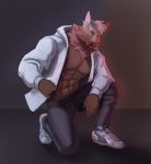  anthro canid canine clothed clothing footwear fur hair harufeng hi_res hoodie looking_at_viewer male mammal maned_wolf muscular muscular_male open_jacket shoes simple_background solo topwear 