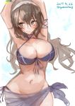  1girl alternate_costume ashigara_(kantai_collection) bikini breasts brown_eyes brown_hair cleavage cowboy_shot dated hairband highres kantai_collection large_breasts long_hair looking_to_the_side midriff nagasawa_tougo navel purple_bikini simple_background solo swimsuit twitter_username wavy_hair white_background white_hairband 