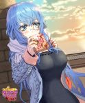  1girl black_dress blue_eyes blue_hair blush book breasts cloud copyright_name dress glasses hands_up large_breasts long_hair meguekayako monocle omc outdoors pince-nez scarf shadow solo standing sweater twilight very_long_hair white_scarf 