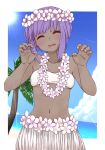  1girl ^_^ alternate_costume bangs bare_arms bare_shoulders blue_sky blush breasts closed_eyes cloud collarbone dark_skin day eyebrows_visible_through_hair facing_viewer fate/prototype fate/prototype:_fragments_of_blue_and_silver fate_(series) fingernails flower flower_wreath grass_skirt hands_up hassan_of_serenity_(fate) head_wreath i.u.y lei palm_tree purple_hair sidelocks sky small_breasts solo sun sunlight tree white_flower 
