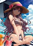  1girl :3 barefoot bikini blue_eyes breasts brown_hair commentary_request earrings eyebrows_visible_through_hair from_below full_body hat ichinose_shiki idolmaster idolmaster_cinderella_girls jewelry long_hair looking_to_the_side medium_breasts migimaki_(migi_mawashi) necklace parasol sitting smile solo straw_hat striped striped_bikini swimsuit umbrella underboob 