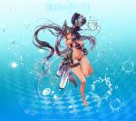  1girl animal_ears anni arms_up artist_request ass_visible_through_thighs asymmetrical_bangs bangs barefoot belt bikini black_hair blush braid breasts cleavage dark_skin destiny_child elbow_gloves explosive fingerless_gloves floating_hair frilled_straps frills front-tie_bikini front-tie_top full_body furrowed_eyebrows glint gloves grenade hair_ribbon highleg highleg_bikini highres holding holding_weapon large_breasts leg_up lips long_hair looking_at_viewer navel official_art parted_lips purple_bikini purple_eyes purple_gloves ribbon solo stomach string_bikini swimsuit tail thigh_strap thighs thong_bikini toes twintails very_long_hair water water_drop weapon wet 