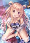  1girl :d absurdres bangs bare_shoulders blonde_hair blue_swimsuit blush breasts character_name choker cleavage collared_shirt commentary_request eyebrows_visible_through_hair hair_between_eyes hair_ornament hair_rings hand_on_ankle head_tilt highres holding_hose kashiwazaki_hatsune large_breasts long_hair looking_at_viewer name_tag off_shoulder old_school_swimsuit open_mouth partially_unbuttoned pool princess_connect! princess_connect!_re:dive purple_eyes school_swimsuit shirt sidelocks sitting smile star star_hair_ornament swimsuit very_long_hair water wet wet_clothes white_shirt yuririn_poi 